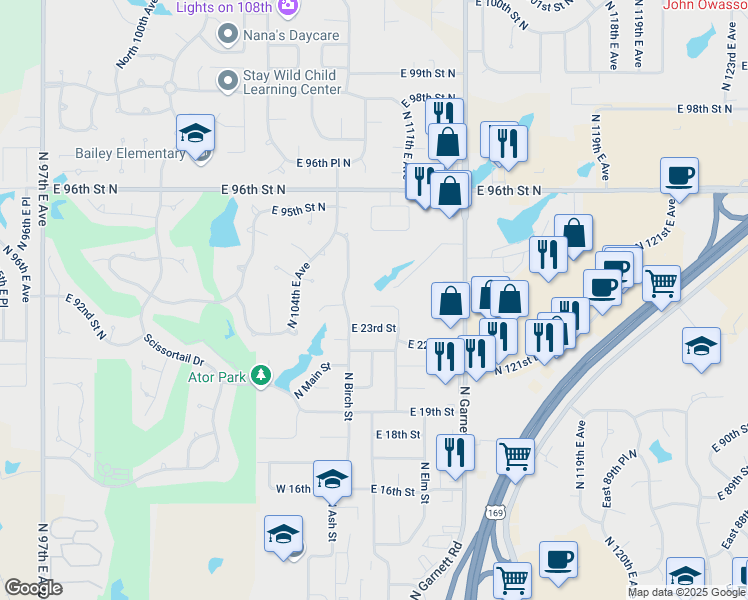 map of restaurants, bars, coffee shops, grocery stores, and more near 203 East 24th Court in Owasso