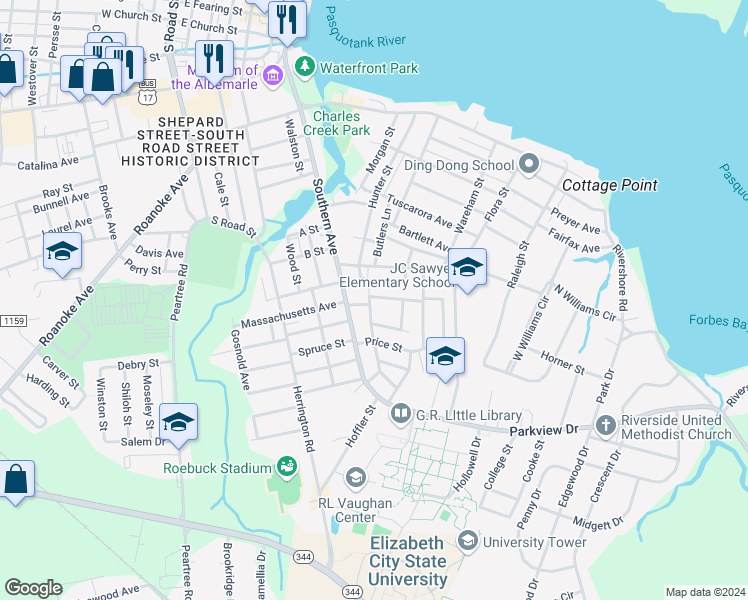 map of restaurants, bars, coffee shops, grocery stores, and more near 1112 Newport Avenue in Elizabeth City