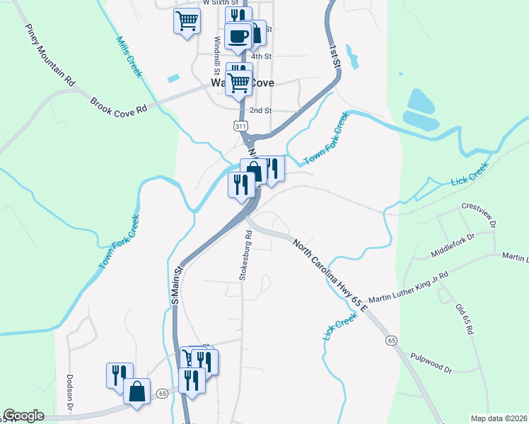 map of restaurants, bars, coffee shops, grocery stores, and more near North Carolina 65 in Walnut Cove