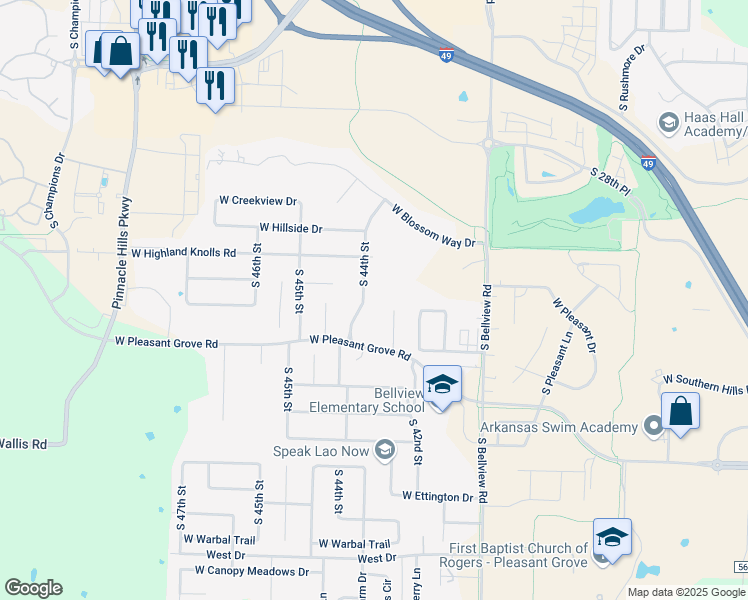map of restaurants, bars, coffee shops, grocery stores, and more near 4206 West Blossom Way Drive in Rogers