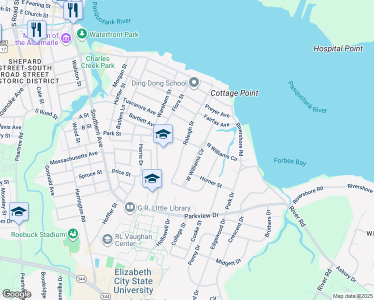 map of restaurants, bars, coffee shops, grocery stores, and more near 1106 Raleigh Street in Elizabeth City