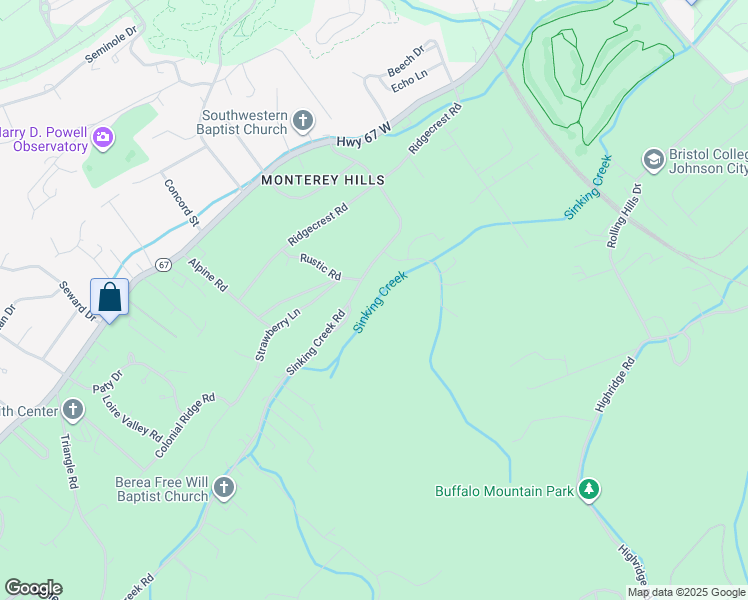 map of restaurants, bars, coffee shops, grocery stores, and more near 2103 Sinking Creek Road in Johnson City