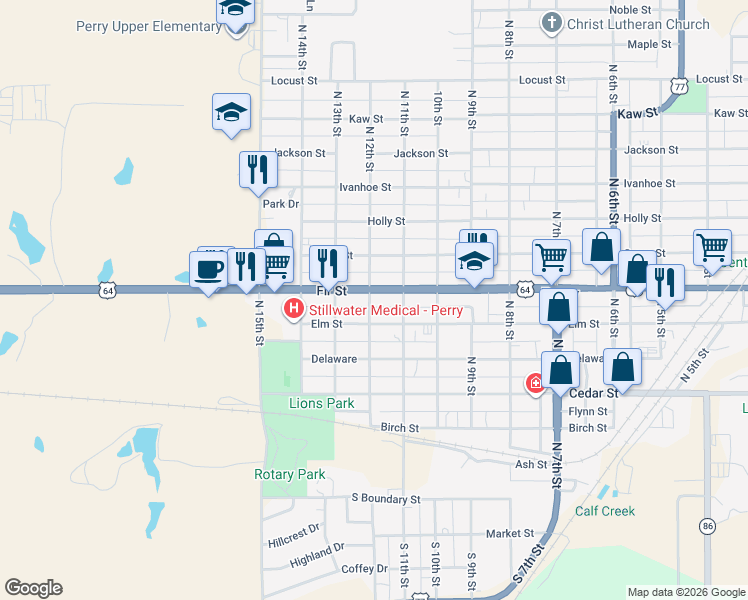 map of restaurants, bars, coffee shops, grocery stores, and more near 1126 Fir Street in Perry