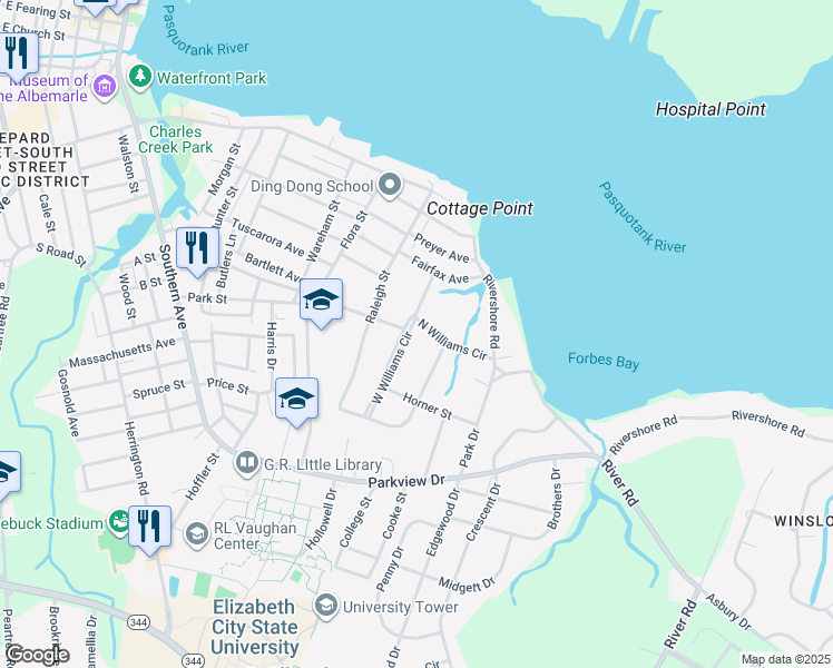 map of restaurants, bars, coffee shops, grocery stores, and more near 1014 West Williams Circle in Elizabeth City