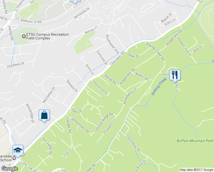 map of restaurants, bars, coffee shops, grocery stores, and more near 32 Parkwood Lane in Johnson City