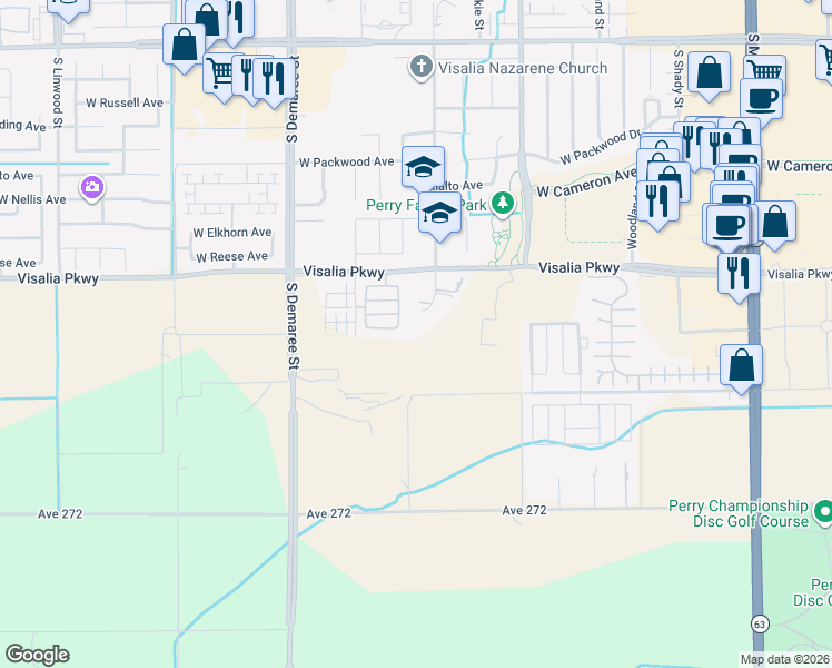 map of restaurants, bars, coffee shops, grocery stores, and more near 4546 South Dans Street in Visalia