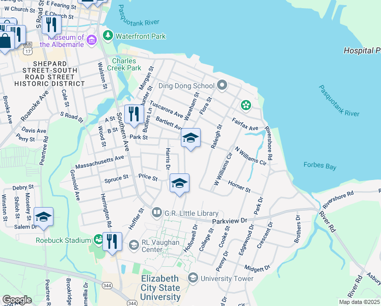 map of restaurants, bars, coffee shops, grocery stores, and more near 1399 Normal Avenue in Elizabeth City