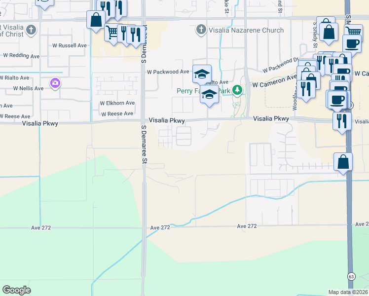map of restaurants, bars, coffee shops, grocery stores, and more near 3405 West Good Avenue in Visalia