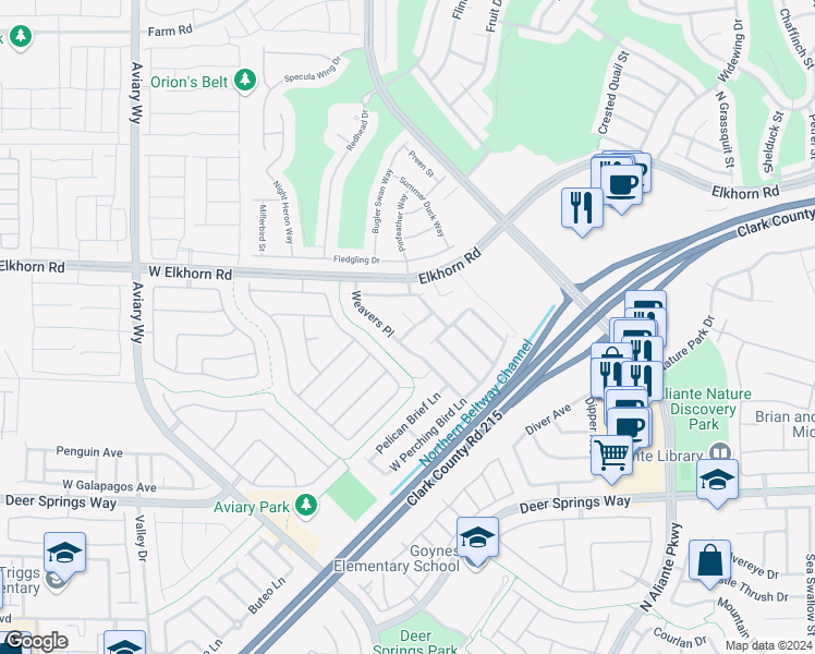 map of restaurants, bars, coffee shops, grocery stores, and more near 7121 North Woodpeckers Court in North Las Vegas