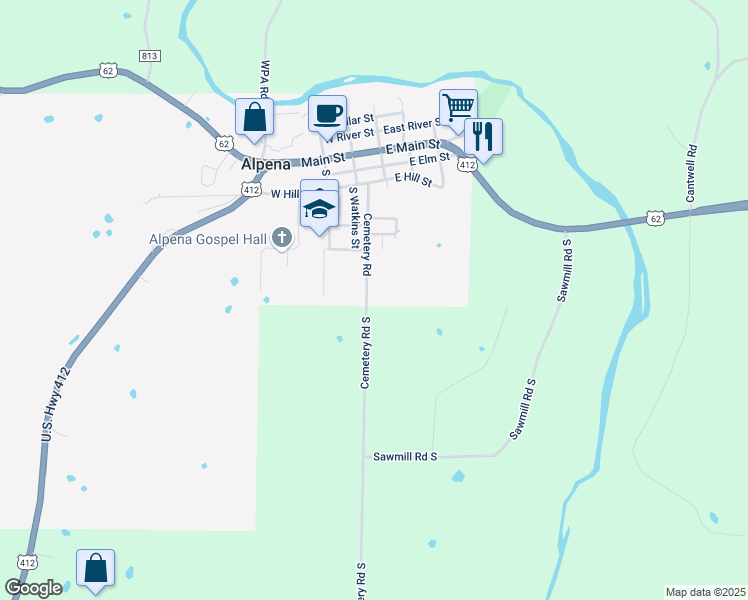 map of restaurants, bars, coffee shops, grocery stores, and more near 415 Cemetery Road in Alpena