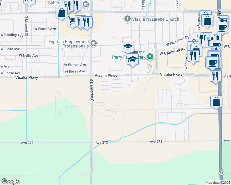 map of restaurants, bars, coffee shops, grocery stores, and more near 4546 South Dans Street in Visalia