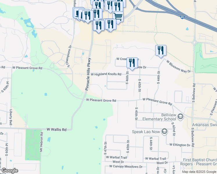 map of restaurants, bars, coffee shops, grocery stores, and more near 5202 South 47th Street in Rogers
