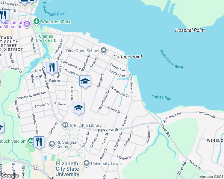map of restaurants, bars, coffee shops, grocery stores, and more near 1014 West Williams Circle in Elizabeth City
