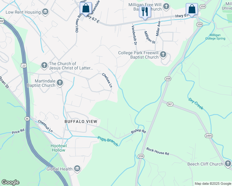 map of restaurants, bars, coffee shops, grocery stores, and more near 3617 Martindale Drive in Johnson City