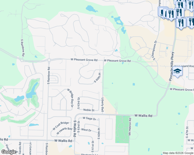 map of restaurants, bars, coffee shops, grocery stores, and more near 5222 South 60th Place in Rogers