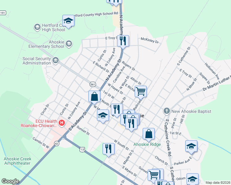 map of restaurants, bars, coffee shops, grocery stores, and more near 321 North West Street in Ahoskie