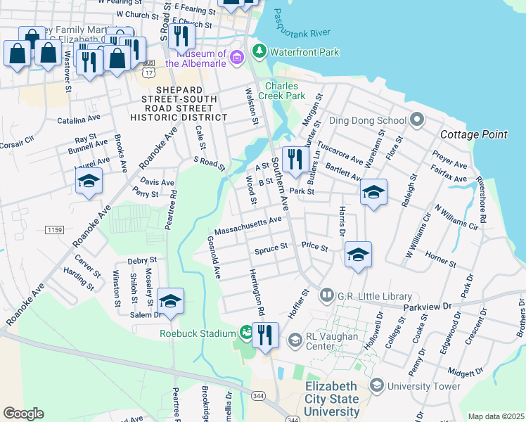 map of restaurants, bars, coffee shops, grocery stores, and more near 513 Witherspoon Street in Elizabeth City