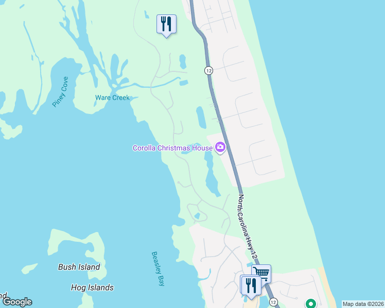 map of restaurants, bars, coffee shops, grocery stores, and more near 559 Hunt Club Drive in Corolla