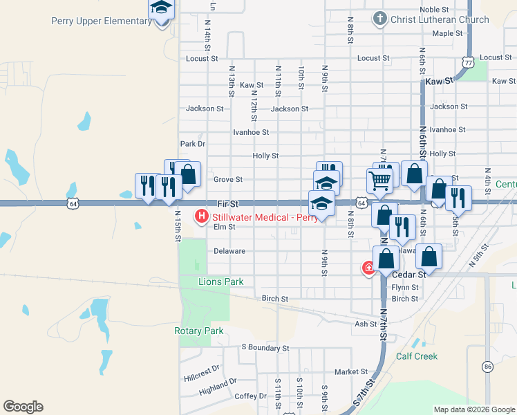 map of restaurants, bars, coffee shops, grocery stores, and more near 1126 Fir Street in Perry