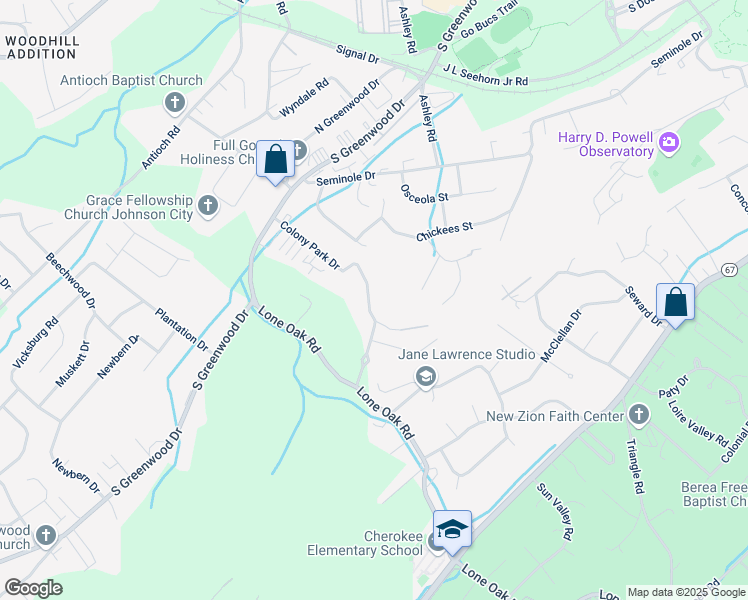 map of restaurants, bars, coffee shops, grocery stores, and more near 1551 Colony Park Drive in Johnson City