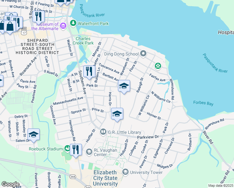 map of restaurants, bars, coffee shops, grocery stores, and more near 1101-1399 Normal Avenue in Elizabeth City