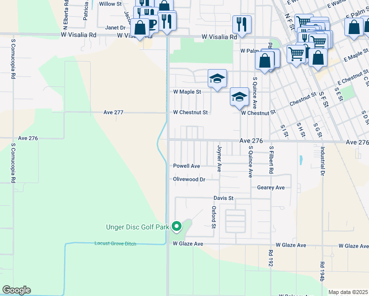 map of restaurants, bars, coffee shops, grocery stores, and more near 505 South Francis Avenue in Exeter