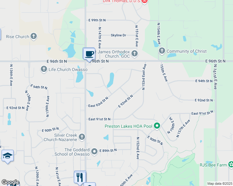 map of restaurants, bars, coffee shops, grocery stores, and more near 14710 North 149th East Avenue in Owasso