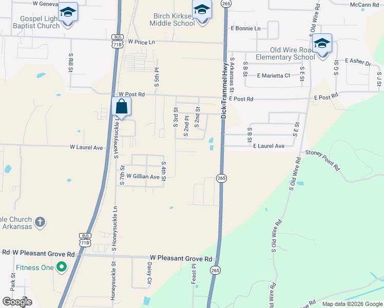 map of restaurants, bars, coffee shops, grocery stores, and more near 2107 S East St in Rogers