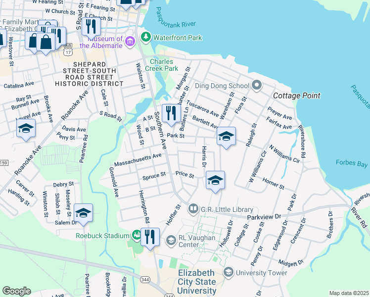 map of restaurants, bars, coffee shops, grocery stores, and more near 806 Robinson Street in Elizabeth City