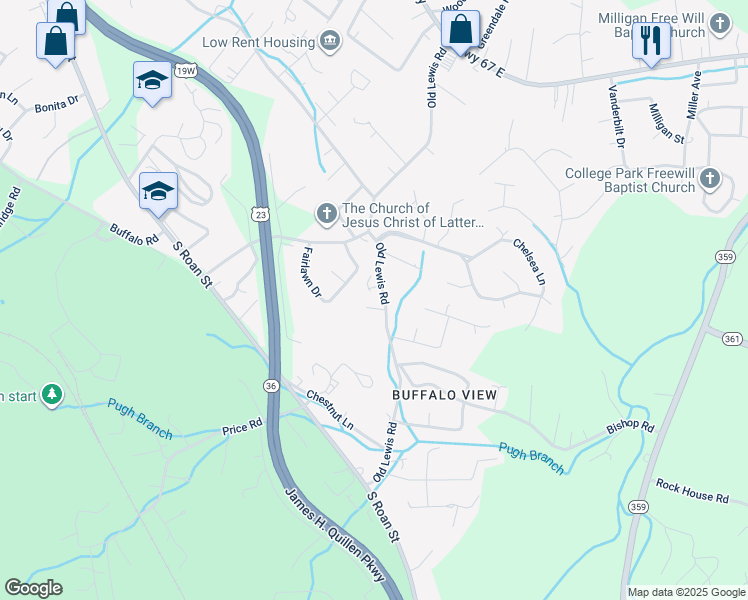 map of restaurants, bars, coffee shops, grocery stores, and more near 2415 Old Lewis Road in Johnson City