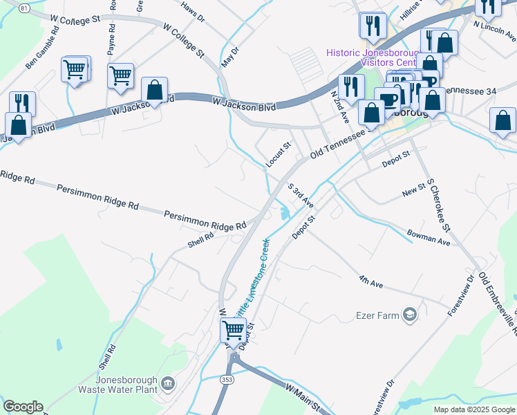 map of restaurants, bars, coffee shops, grocery stores, and more near 109 Maple Lane in Jonesborough