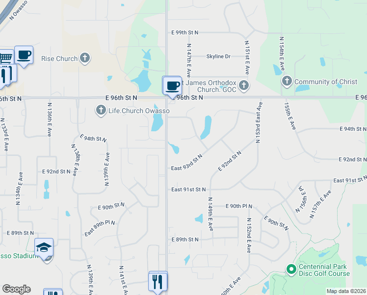 map of restaurants, bars, coffee shops, grocery stores, and more near 14532 East 93rd Place North in Owasso