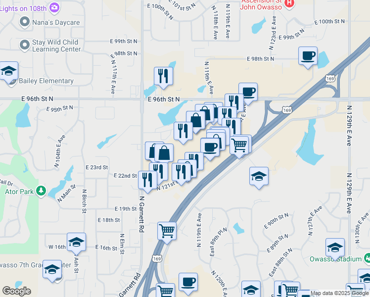 map of restaurants, bars, coffee shops, grocery stores, and more near 9010 North 121st East Avenue in Owasso