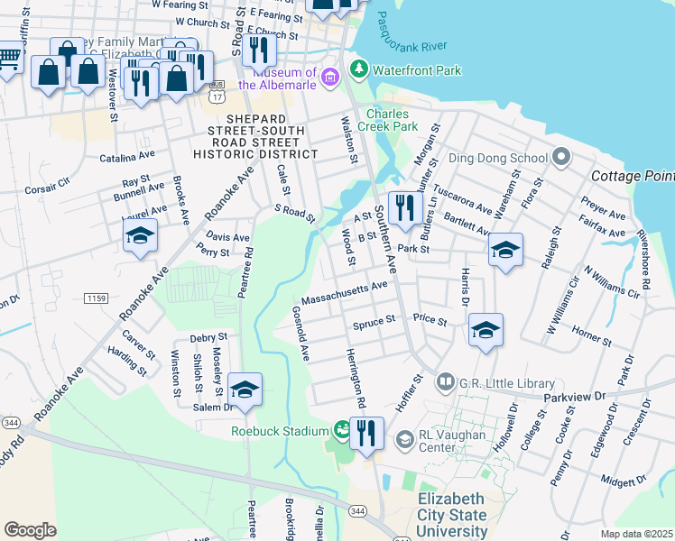 map of restaurants, bars, coffee shops, grocery stores, and more near 1114 Herrington Road in Elizabeth City