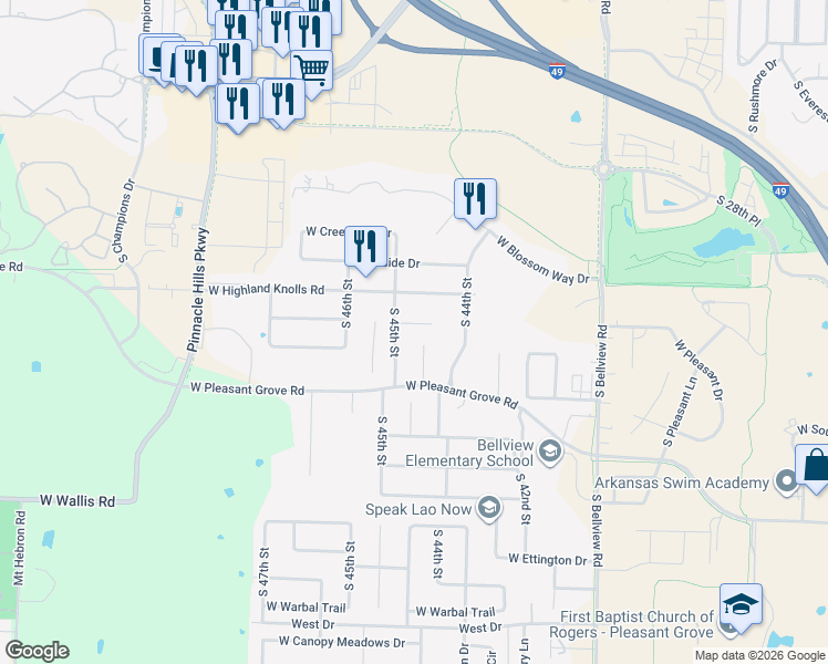 map of restaurants, bars, coffee shops, grocery stores, and more near 4438 West Pleasant Drive in Rogers