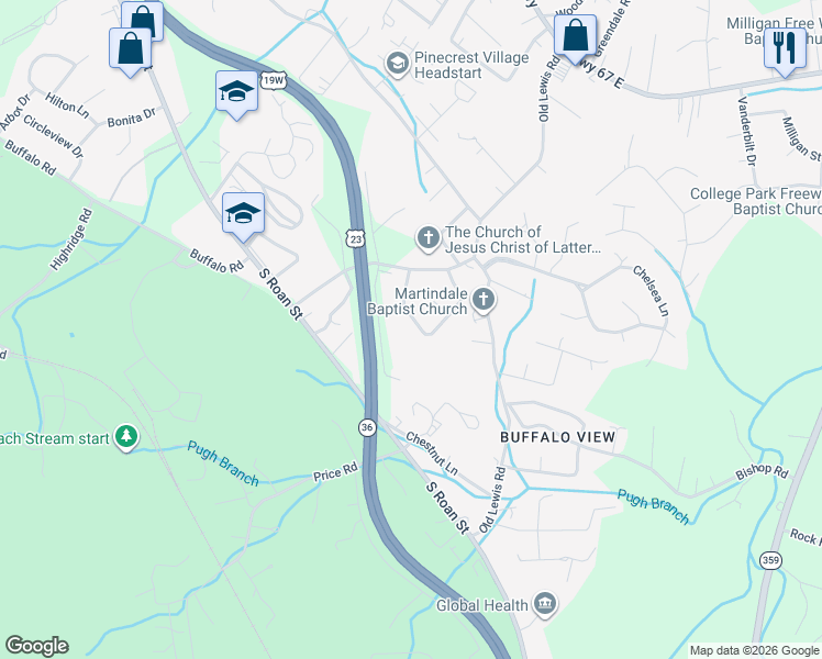 map of restaurants, bars, coffee shops, grocery stores, and more near 116 Fairlawn Drive in Johnson City