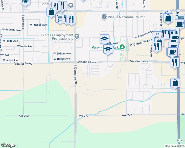 map of restaurants, bars, coffee shops, grocery stores, and more near 4537 South Ernest Street in Visalia