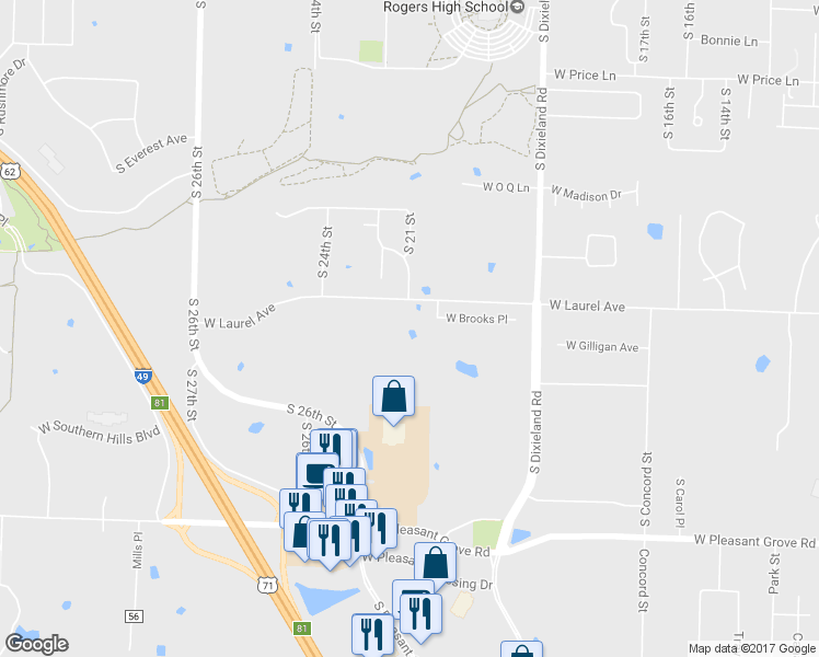 map of restaurants, bars, coffee shops, grocery stores, and more near 2150 West Laurel Avenue in Rogers
