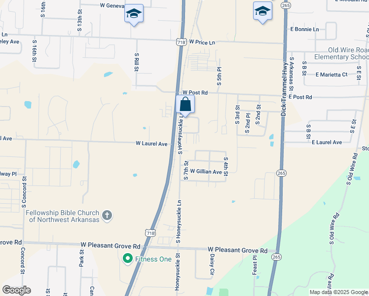 map of restaurants, bars, coffee shops, grocery stores, and more near 2953 Honeysuckle Lane in Rogers