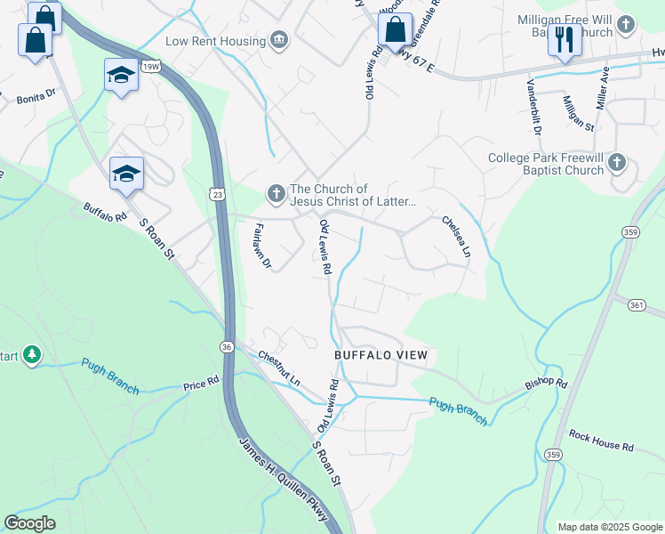 map of restaurants, bars, coffee shops, grocery stores, and more near 2415 Old Lewis Road in Johnson City