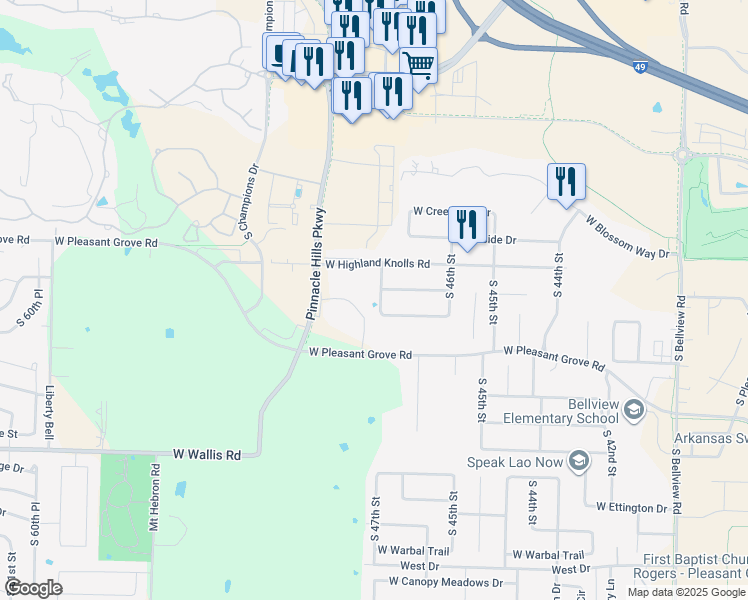 map of restaurants, bars, coffee shops, grocery stores, and more near 5202 South 47th Street in Rogers