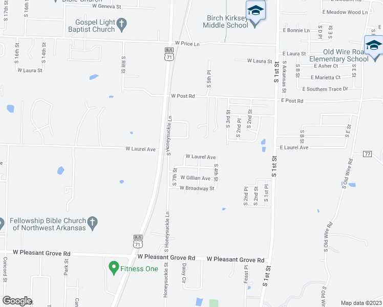 map of restaurants, bars, coffee shops, grocery stores, and more near 505 West Laurel Avenue in Rogers