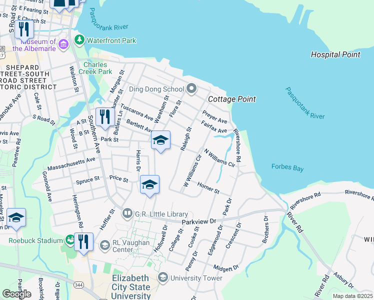 map of restaurants, bars, coffee shops, grocery stores, and more near 1205 Park Street in Elizabeth City