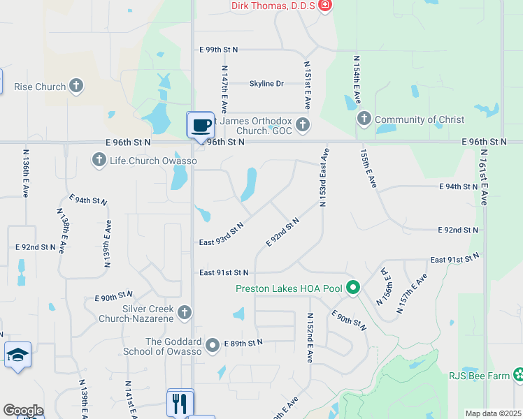 map of restaurants, bars, coffee shops, grocery stores, and more near 14710 North 149th East Avenue in Owasso