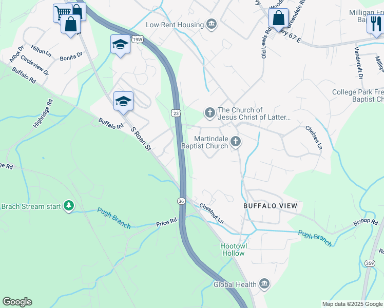 map of restaurants, bars, coffee shops, grocery stores, and more near 116 Fairlawn Drive in Johnson City