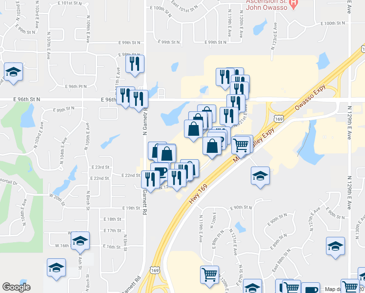 map of restaurants, bars, coffee shops, grocery stores, and more near 9010 North 121st East Avenue in Owasso