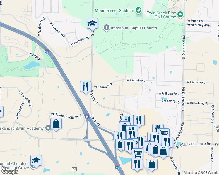 map of restaurants, bars, coffee shops, grocery stores, and more near 2500 West Laurel Avenue in Rogers