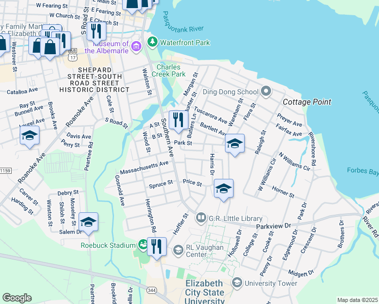 map of restaurants, bars, coffee shops, grocery stores, and more near 806 Robinson Street in Elizabeth City