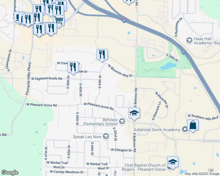 map of restaurants, bars, coffee shops, grocery stores, and more near 4206 West Blossom Way Drive in Rogers
