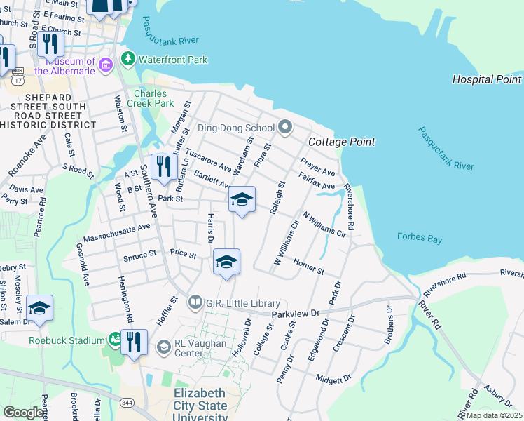 map of restaurants, bars, coffee shops, grocery stores, and more near 1007 Park Street in Elizabeth City